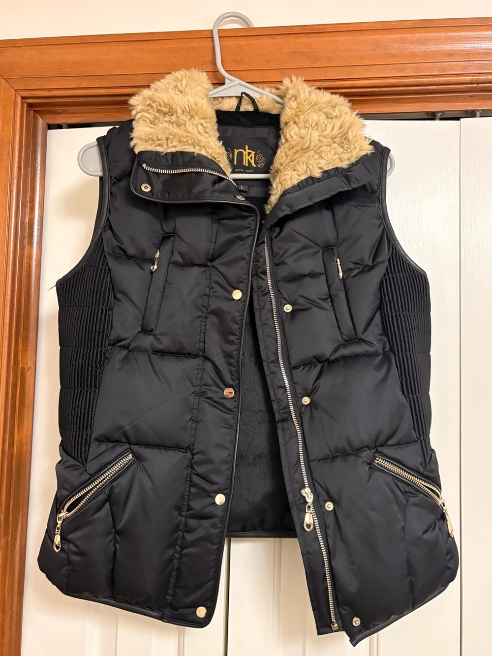 Metric Knits Black Puffer Vest with Fur Collar